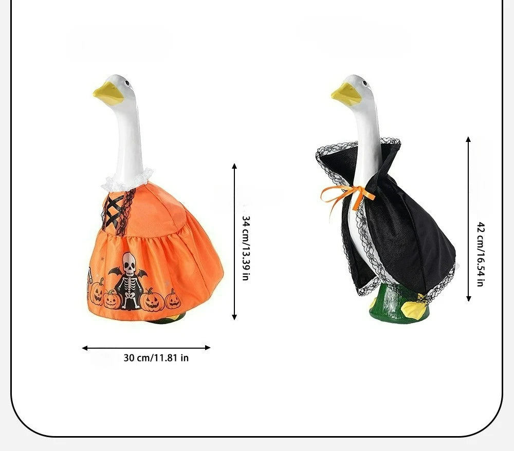 A white goose decoration with an orange festive body and black accents, suitable for seasonal porch decor.