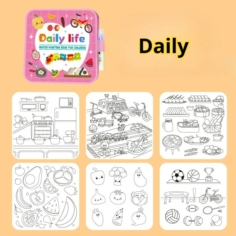 A set of daily life themed water painting books and drawing kits for children.