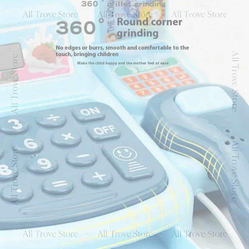 A close-up of a blue interactive cash register toy for children with keypad and accessories.