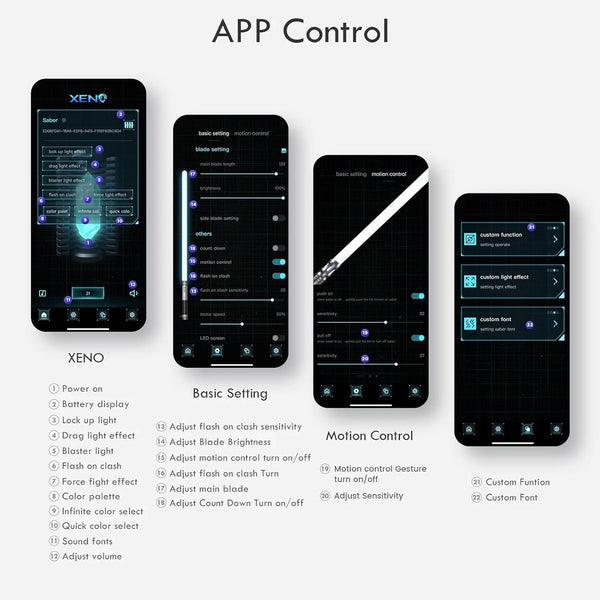 Screenshot of an APP Control interface for a Xeno device showing basic settings and motion control options