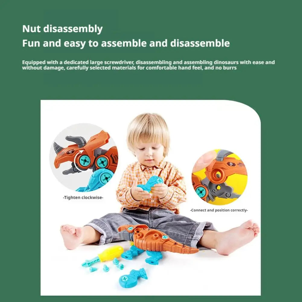 A child is assembling or disassembling a dinosaur toy set with an electric drill and screwdriver.