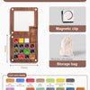 A wooden color card display with 15 colors, a magnetic clip, and a storage bag for travel painting.