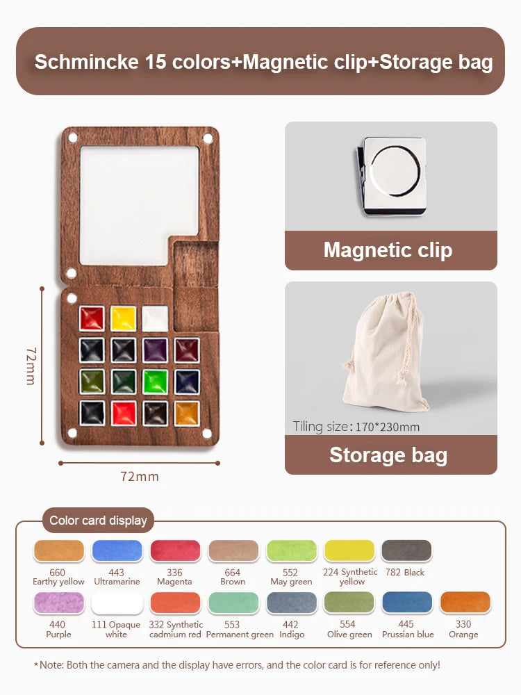 A wooden color card display with 15 colors, a magnetic clip, and a storage bag for travel painting.
