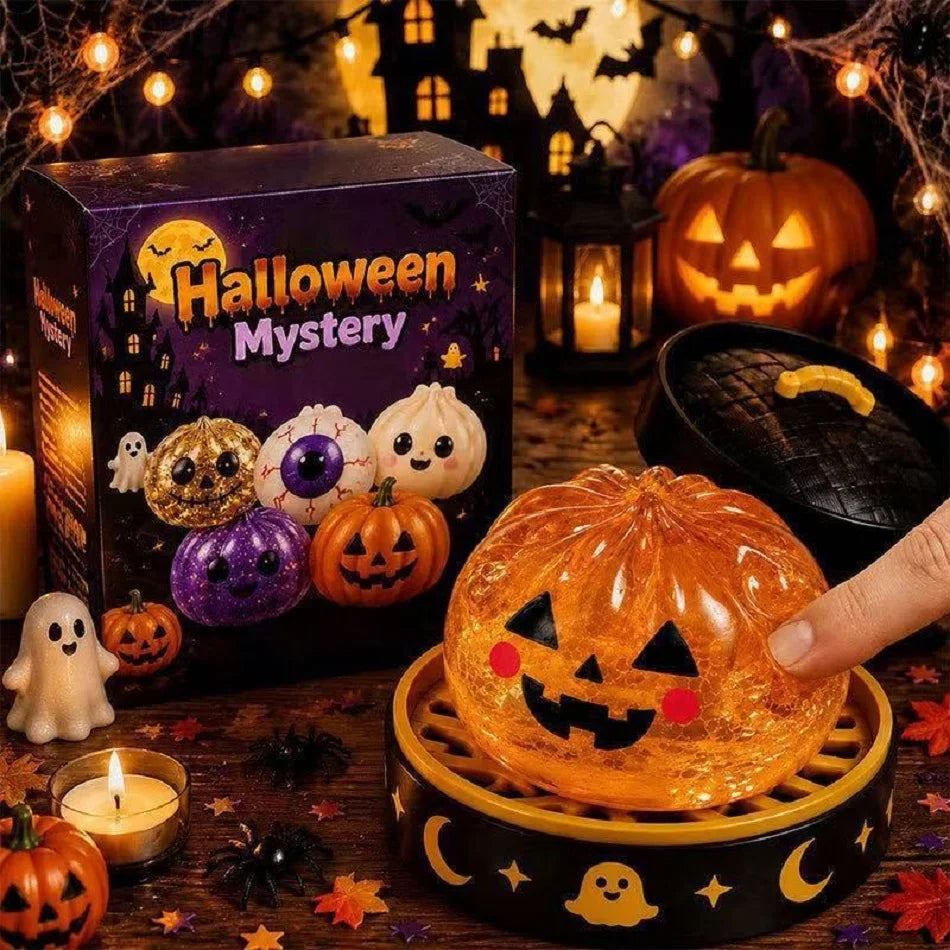 An orange carved pumpkin squishy toy sits in a wooden tray surrounded by Halloween decorations and spooky lighting.