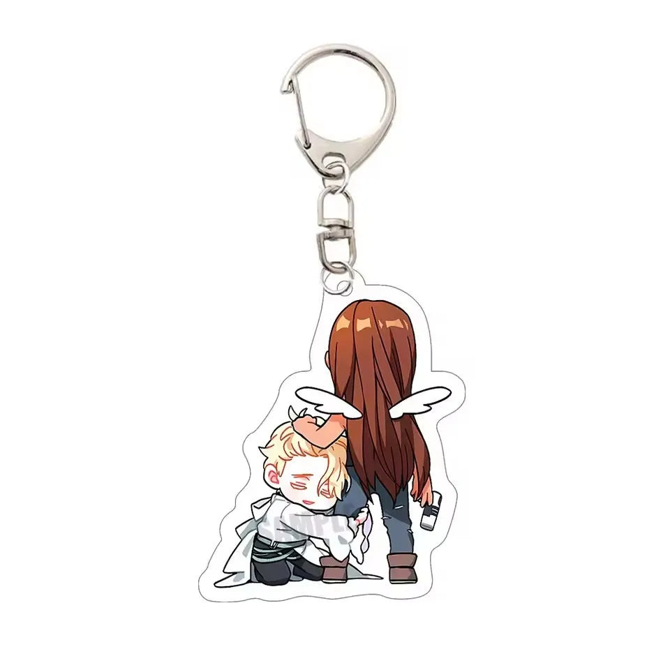 Anime character acrylic keychain featuring a brown-haired character with white wings.