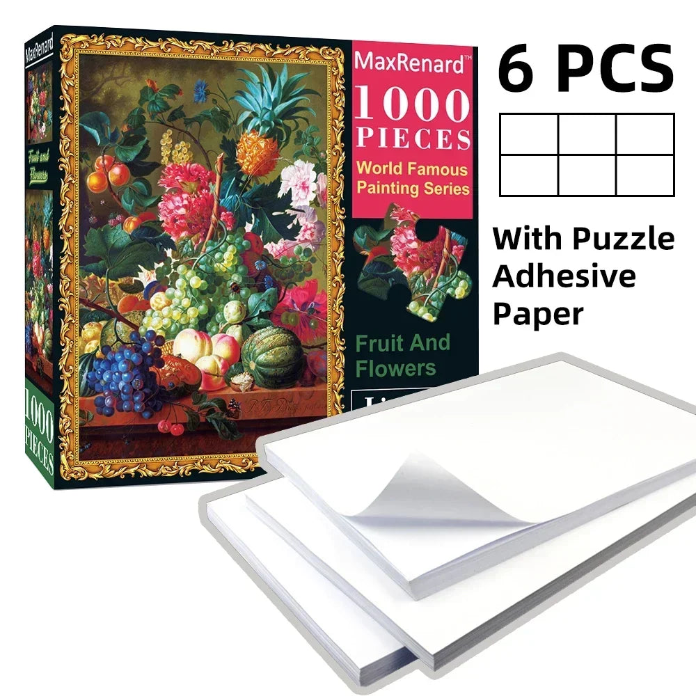 Box of a 1000-piece painting puzzle featuring fruit and flowers with included adhesive paper sheets