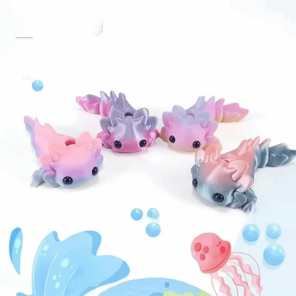 A set of eight colorful flexible salamander figurines in shades of pink, purple, and blue.