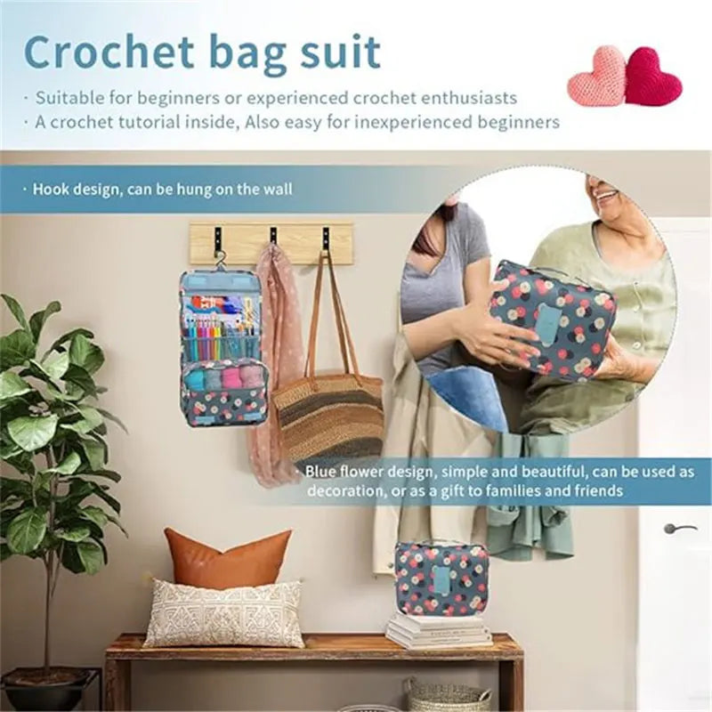 A crochet bag suit featuring pink and red items, including a finished bag and various accessories.