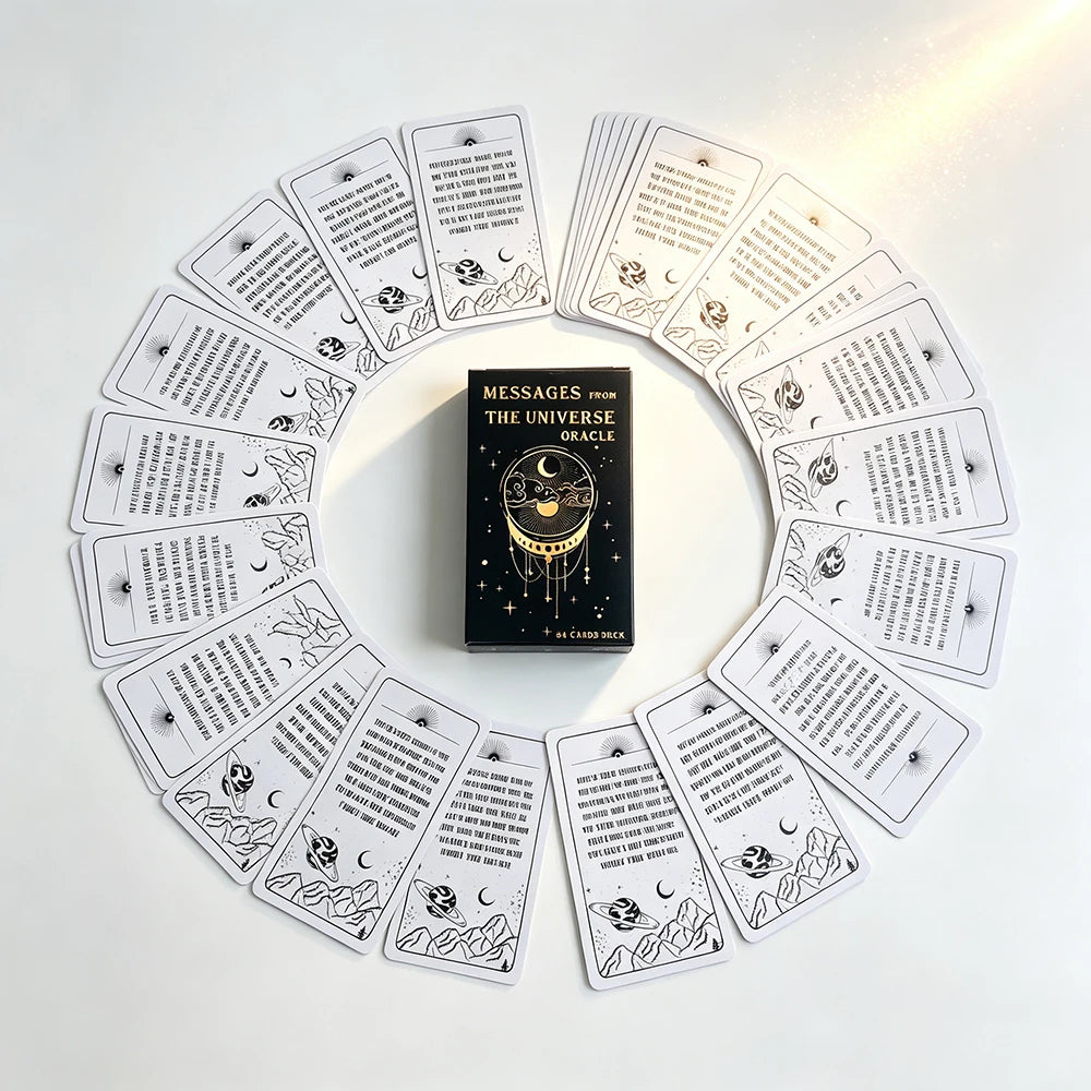 A circular arrangement of 54 oracle cards from the Messages From The Universe deck, featuring astrological and meditation mes