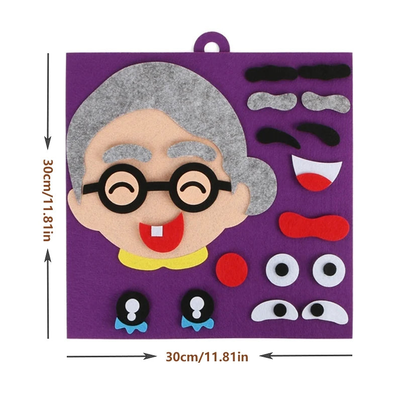 A purple felt puzzle game featuring a gray face with glasses and a smiling mouth, including various facial features like eyes