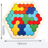A wooden tangram puzzle set featuring colorful hexagonal pieces arranged in a large, geometric pattern.