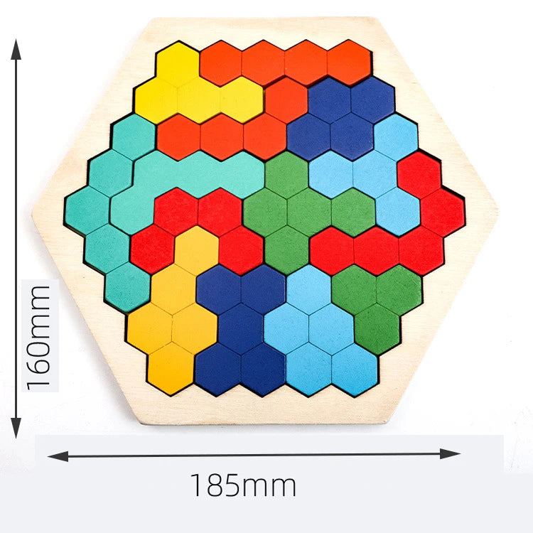 A wooden tangram puzzle set featuring colorful hexagonal pieces arranged in a large, geometric pattern.