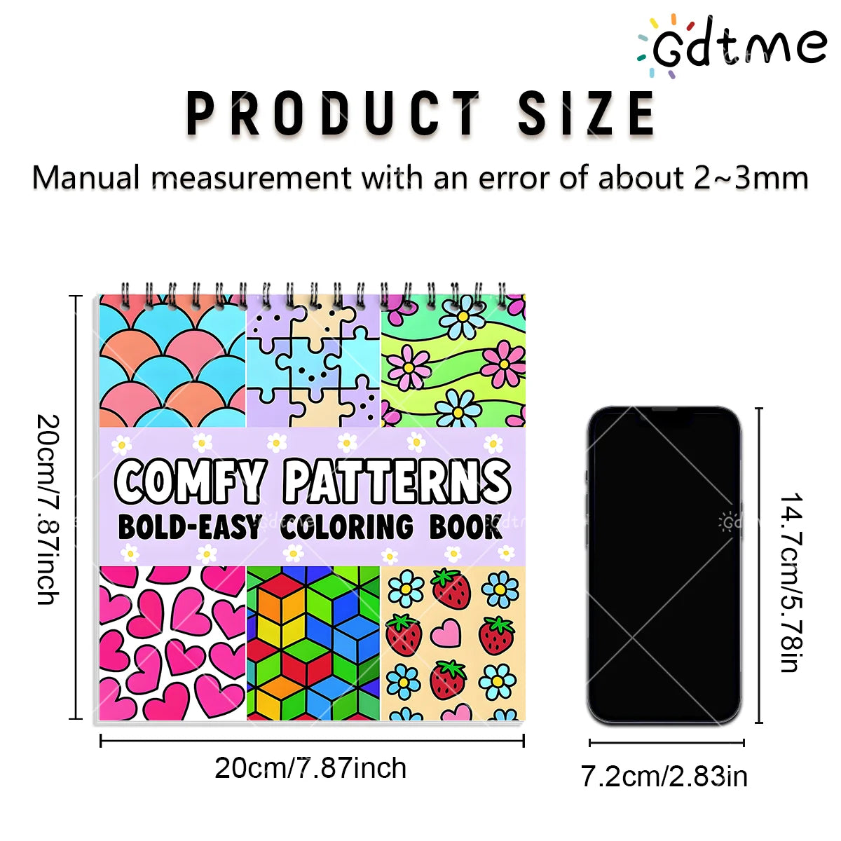 A colorful adult coloring book featuring bold patterns of hearts, flowers, and geometric designs.