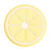 Yellow silicone baby teether set with fruit and vegetable shapes for soothing gums