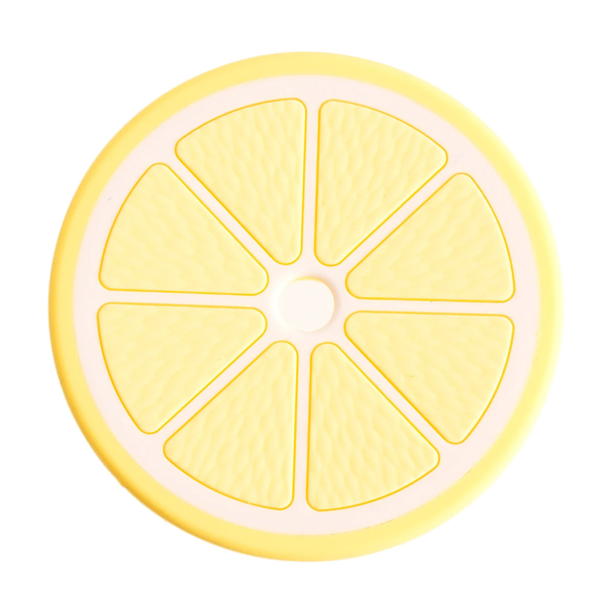 Yellow silicone baby teether set with fruit and vegetable shapes for soothing gums