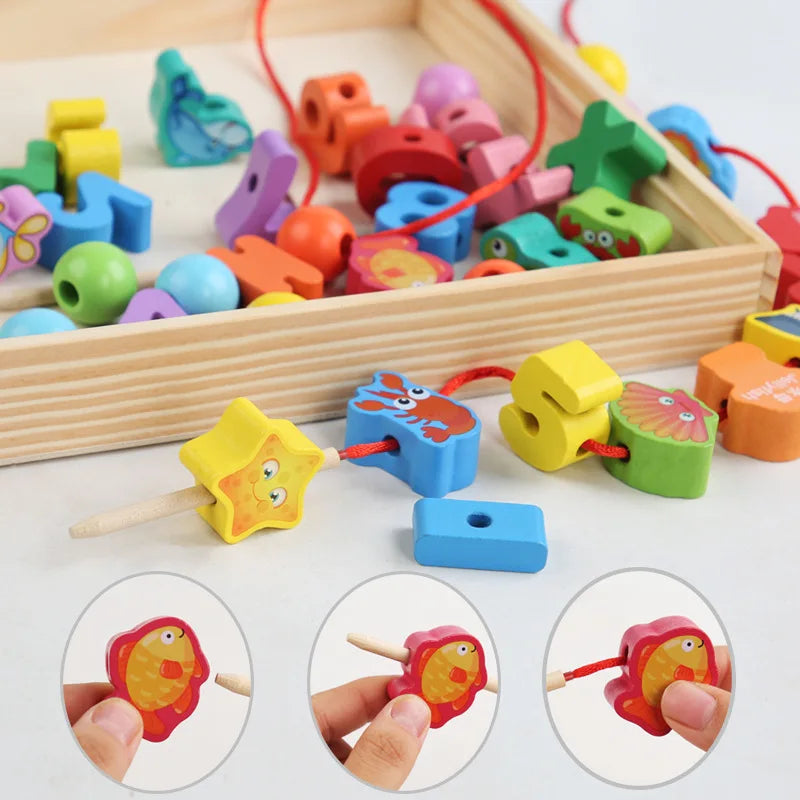 Wooden Animal & Fruit Threading Beads Set for Toddlers