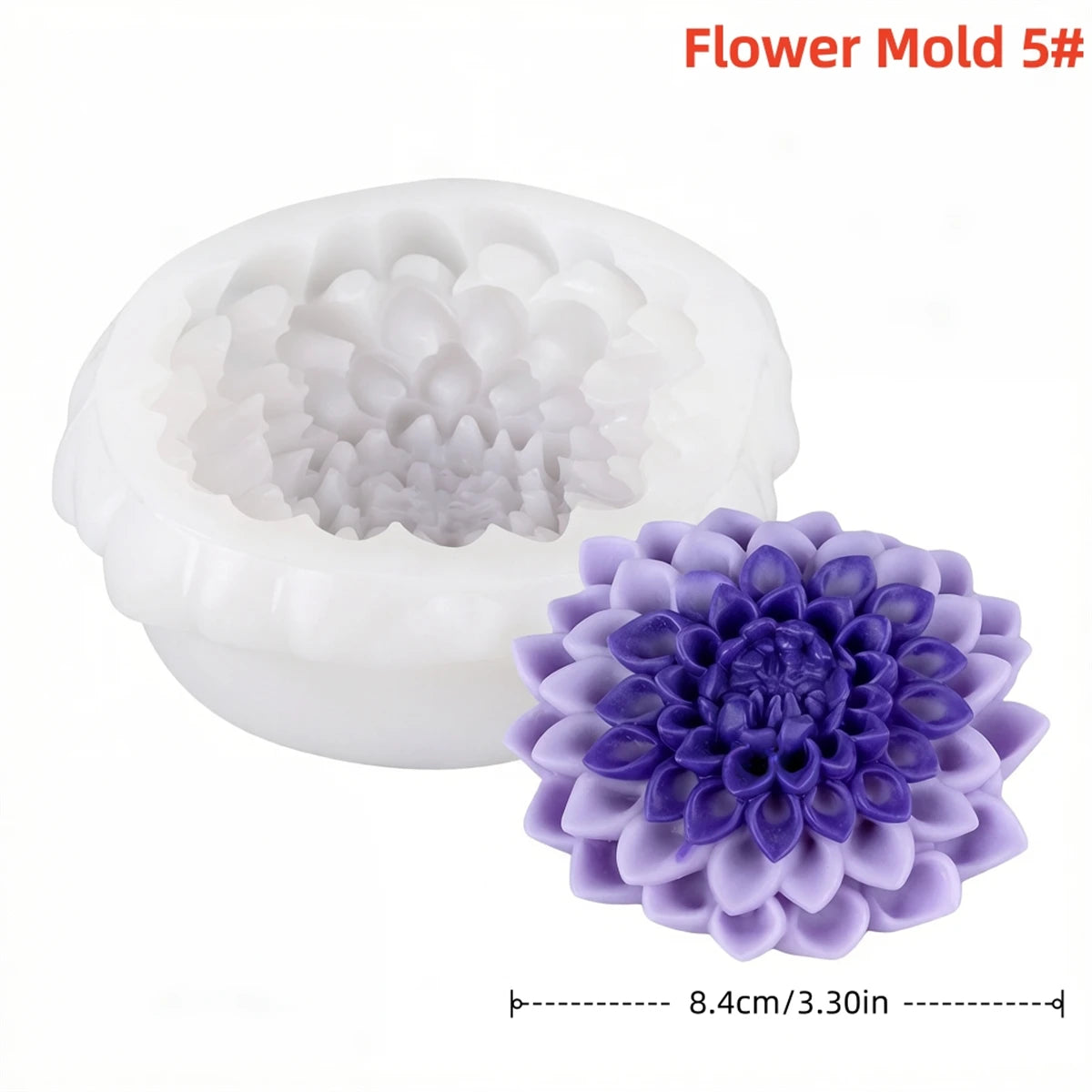 Flower Mold 5 silicone mold in white and purple color with a measurement scale.