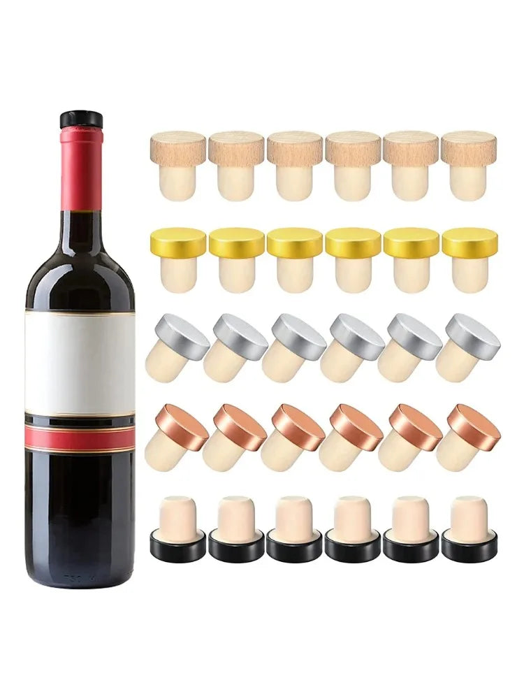 A set of ten reusable T-shaped wine bottle stoppers in various colors and sizes are displayed next to a wine bottle.