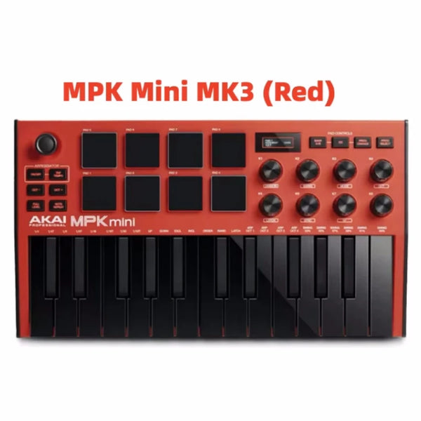 Red AKAI MPK Mini MK3 MIDI controller showing the keyboard and control panel.
