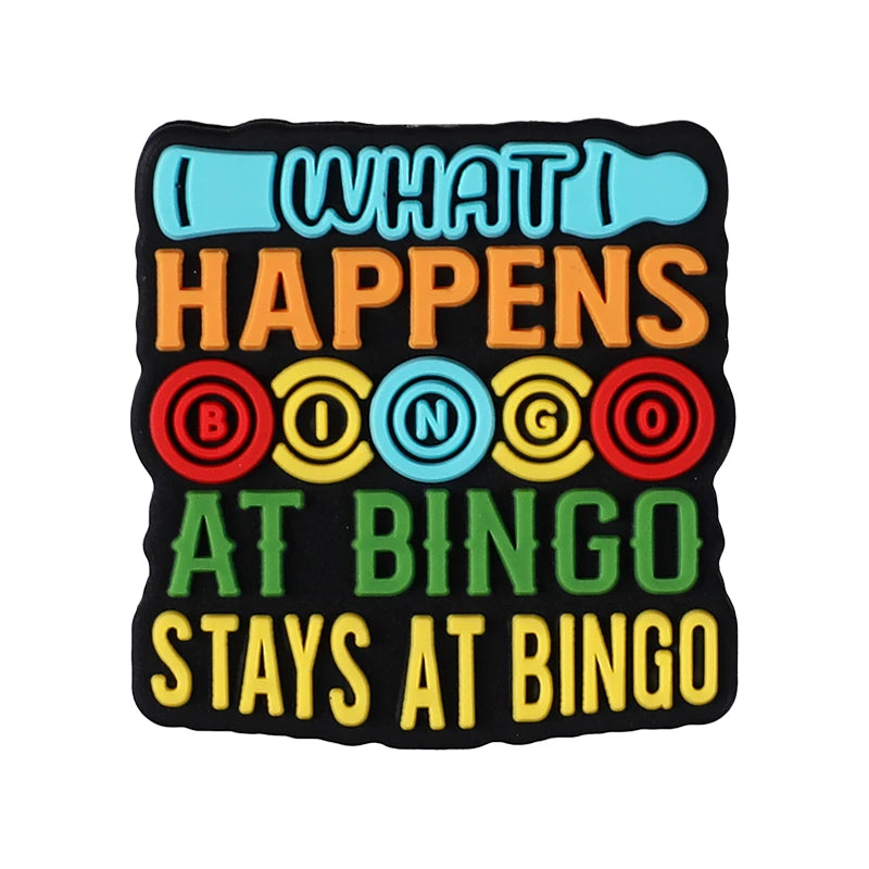 Black silicone beads with colorful text that reads What Happens at Bingo stays at Bingo