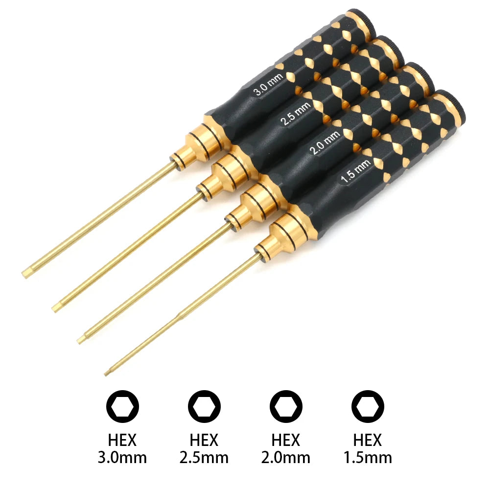 A set of four precision hex screwdrivers with varying shaft sizes (1.5mm to 3.0mm) shown against a white background.