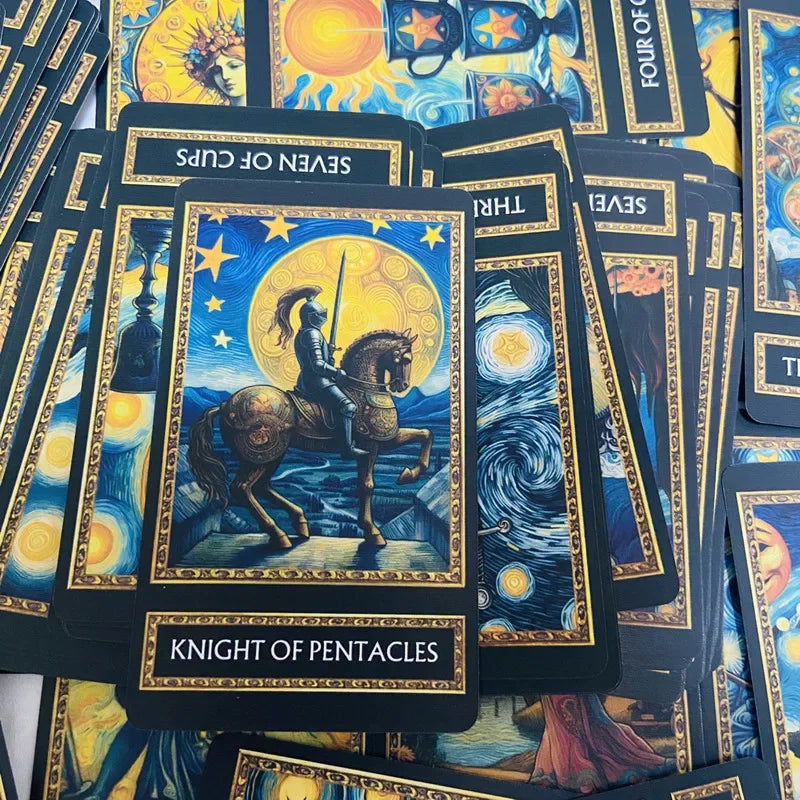 A collection of tarot cards featuring the Knight of Pentacles, with other cards and deck boxes visible.
