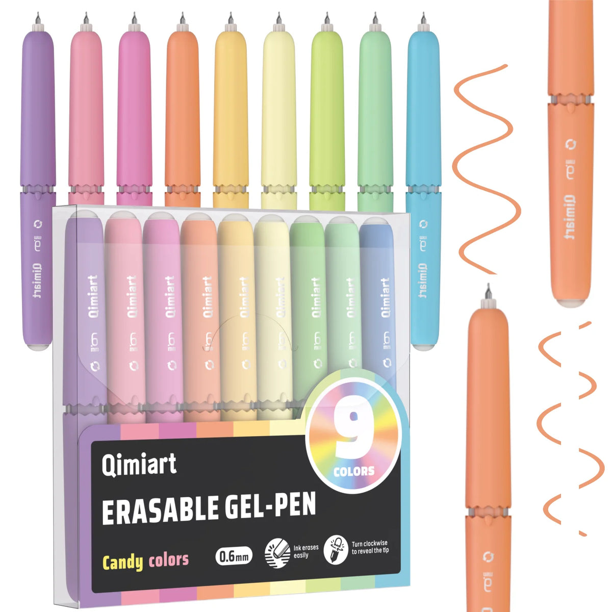 A set of nine colorful erasable gel pens with an eggshell design displayed in a box.