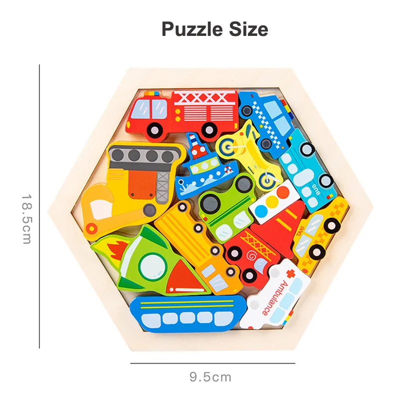 A collection of colorful wooden 3D jigsaw puzzle pieces shaped like vehicles and objects, displayed in a hexagonal frame.