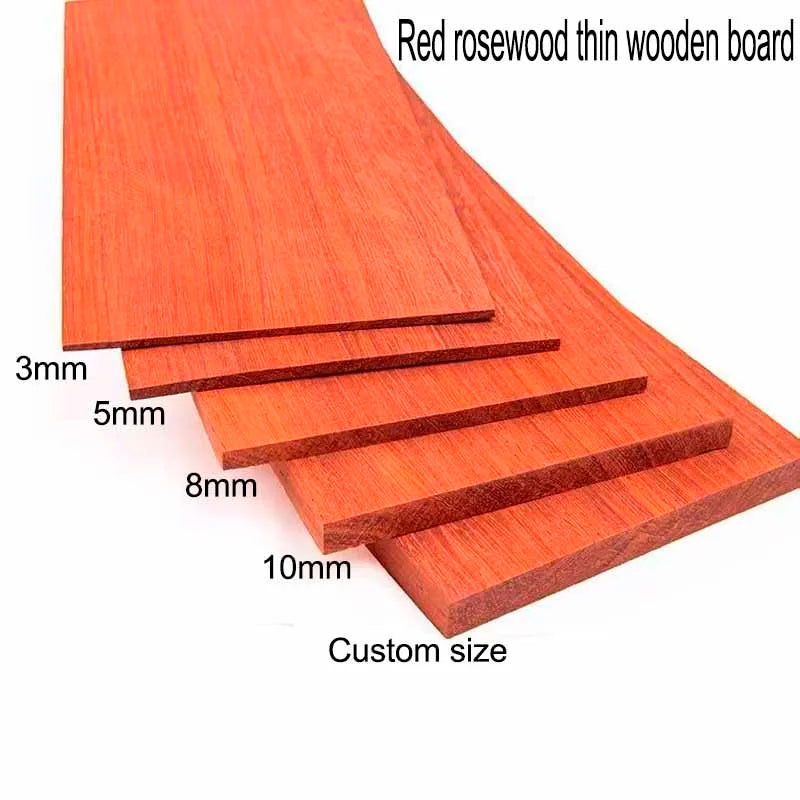 A stack of red rosewood thin wooden boards showing various thicknesses including 3mm, 5mm, 8mm, and 10mm.