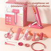 A pink simulated hair straightener set with various plastic styling tools like combs and scissors displayed on a light pink b