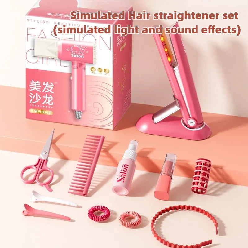 A pink simulated hair straightener set with various plastic styling tools like combs and scissors displayed on a light pink b