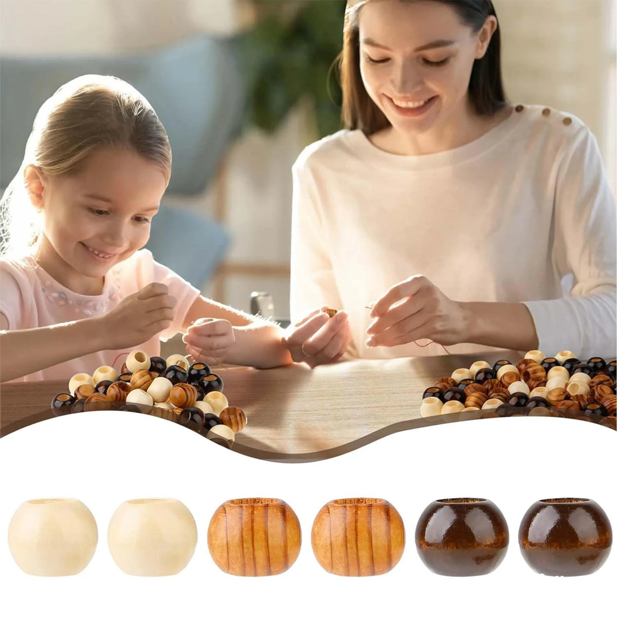 A collection of natural wooden spacer beads in various shades and finishes for jewelry making and crafts.