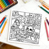 A black and white line art coloring page depicting a spooky Halloween coffee shop scene with skulls and ghosts.