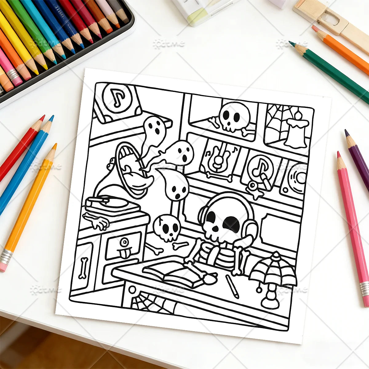 A black and white line art coloring page depicting a spooky Halloween coffee shop scene with skulls and ghosts.
