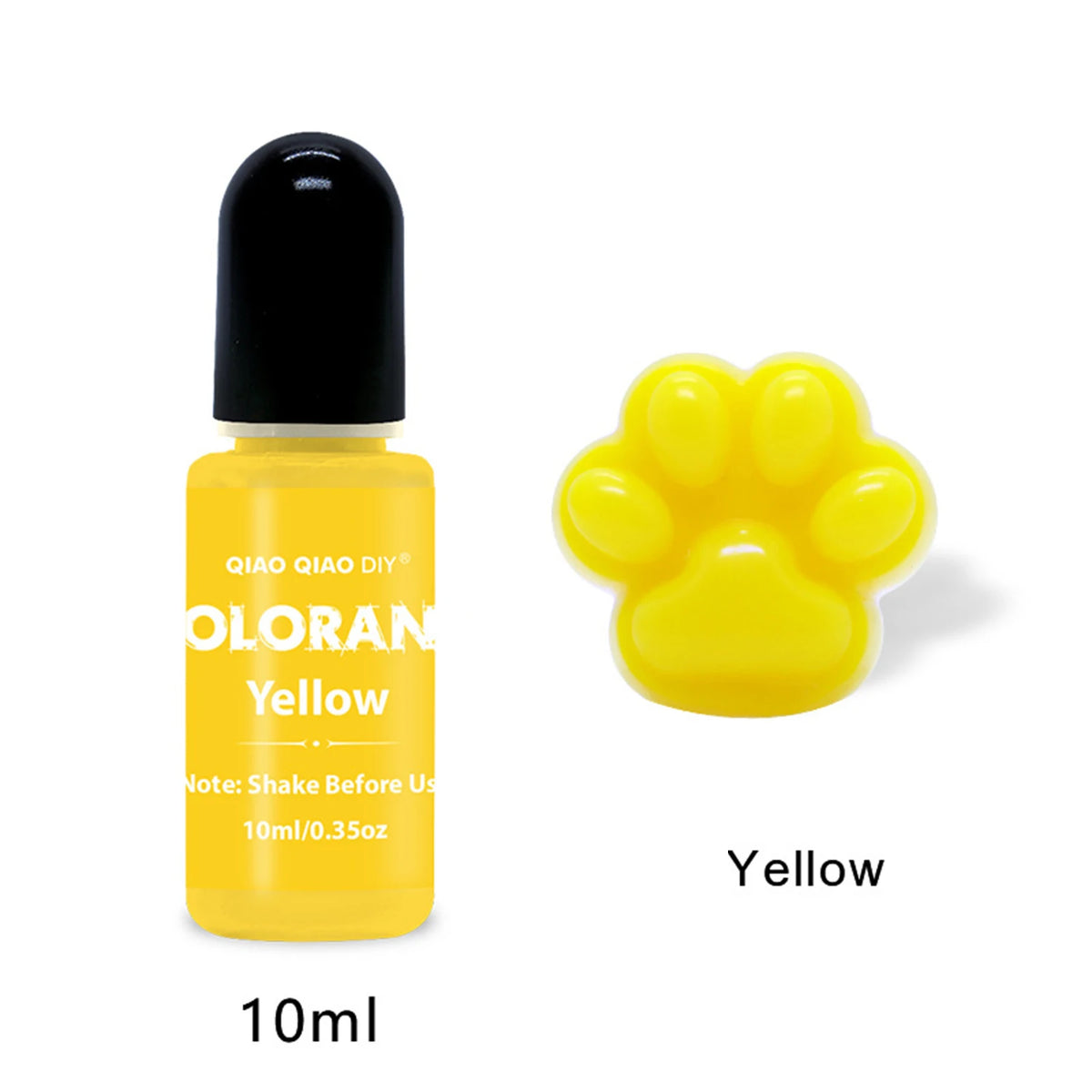 A small yellow liquid pigment in a glass bottle with a black cap labeled Yellow