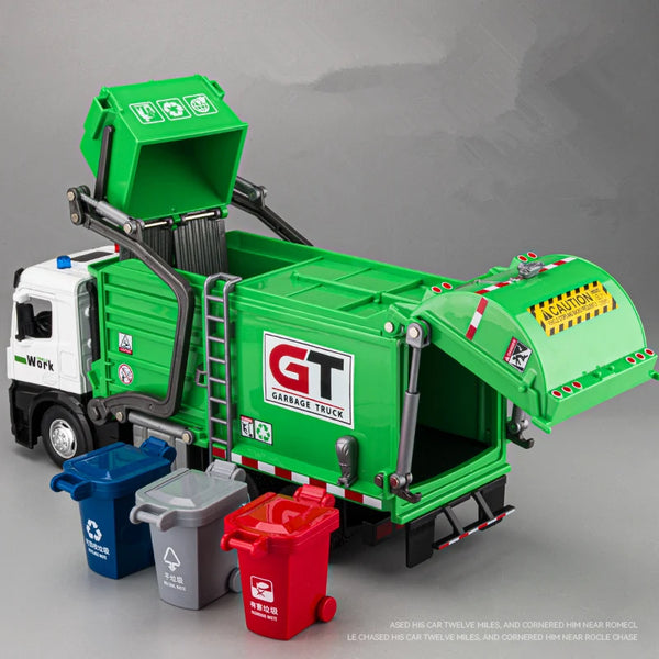 A green model garbage truck is shown with various colored waste bins and a ladder.