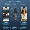 A guide showing the three steps to connect a wireless lavalier microphone to a smartphone: Plug in, Press, and Connected.