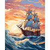 A painting of a historic sailing ship with multiple sails on the water during a vibrant sunset.