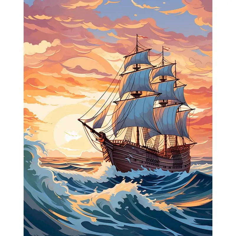 A painting of a historic sailing ship with multiple sails on the water during a vibrant sunset.