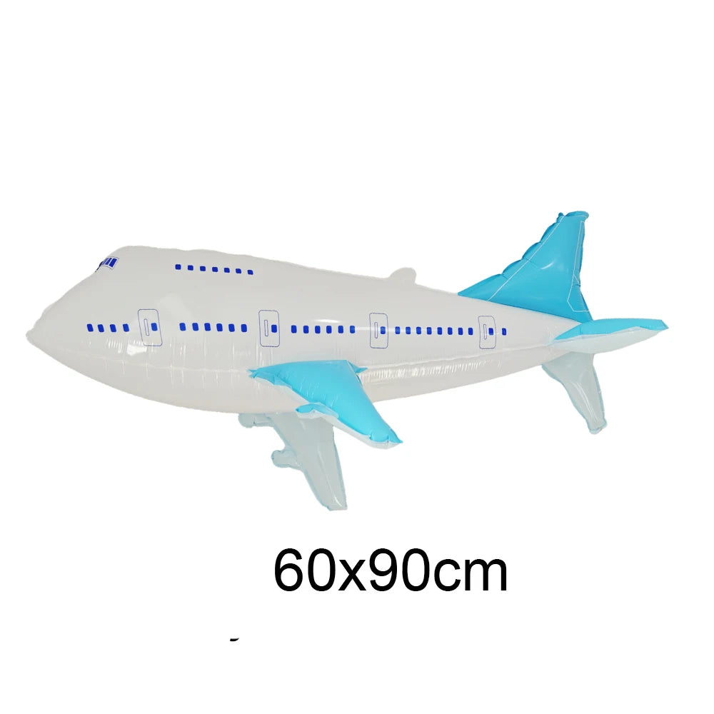A white and blue foil balloon plane model for birthday party decoration.