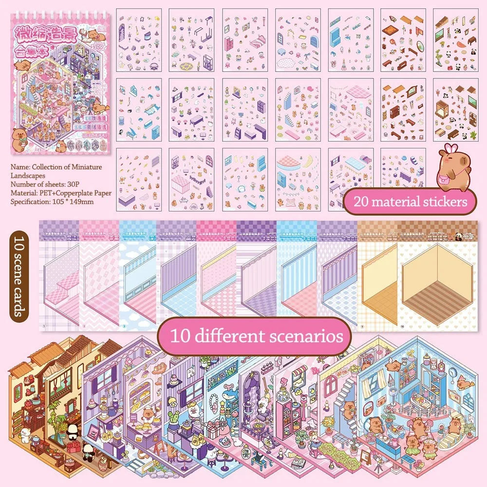 A collection of 20 material stickers and 10 different scenarios for a 3D cabin scene sticker book.