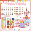 Product display showing various birthday party items including keychains, erasers, pencils, stickers, and cups