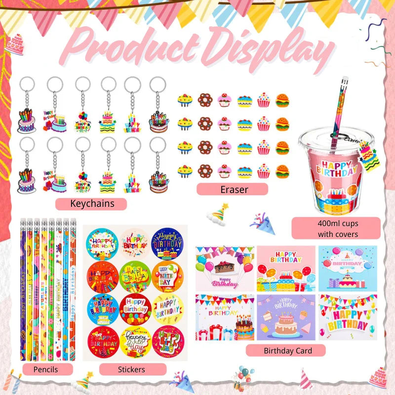 Product display showing various birthday party items including keychains, erasers, pencils, stickers, and cups