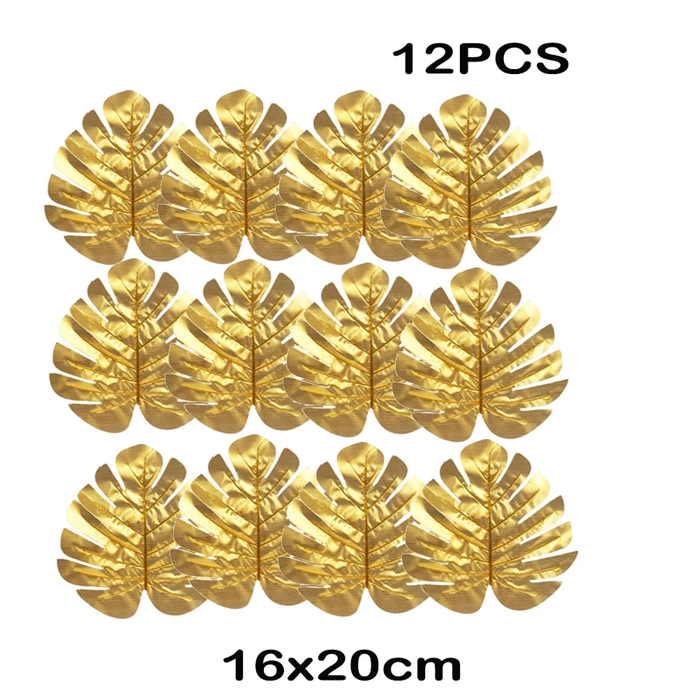 Twelve artificial gold tropical palm leaves measuring 16x20cm for party decor