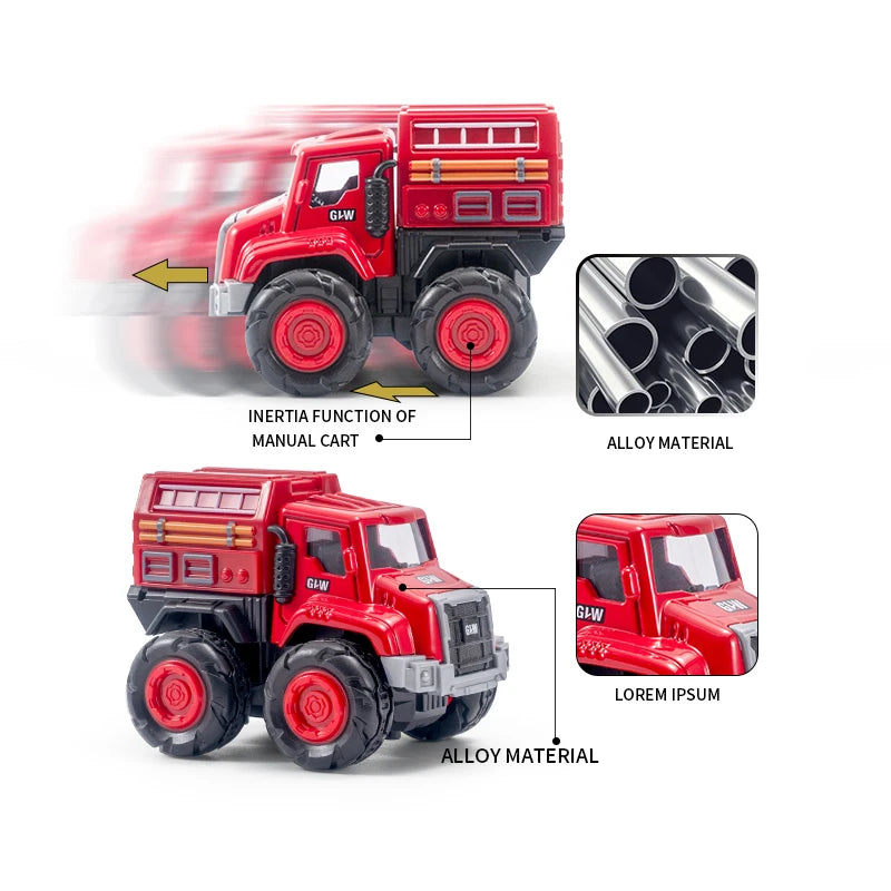 Red die-cast fire fighting vehicle set with ladder truck and water cannon showing various components and materials