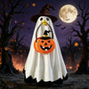 A Halloween costume featuring a ghost figure with a pumpkin face and a white flowing gown, set against a dark, autumnal outdo