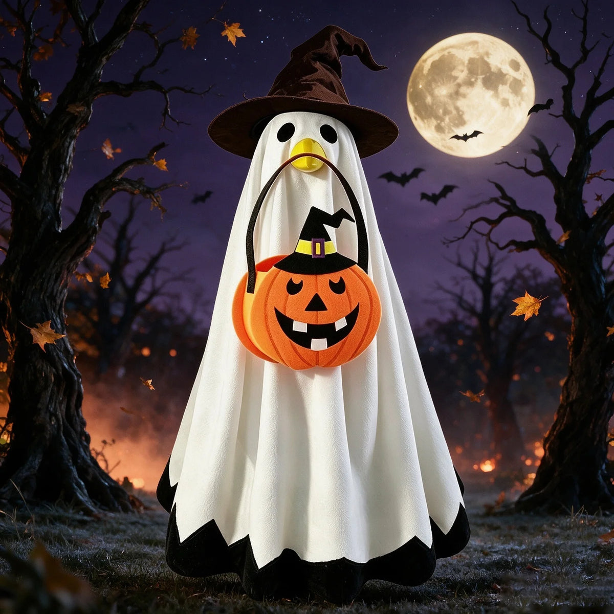 A Halloween costume featuring a ghost figure with a pumpkin face and a white flowing gown, set against a dark, autumnal outdo