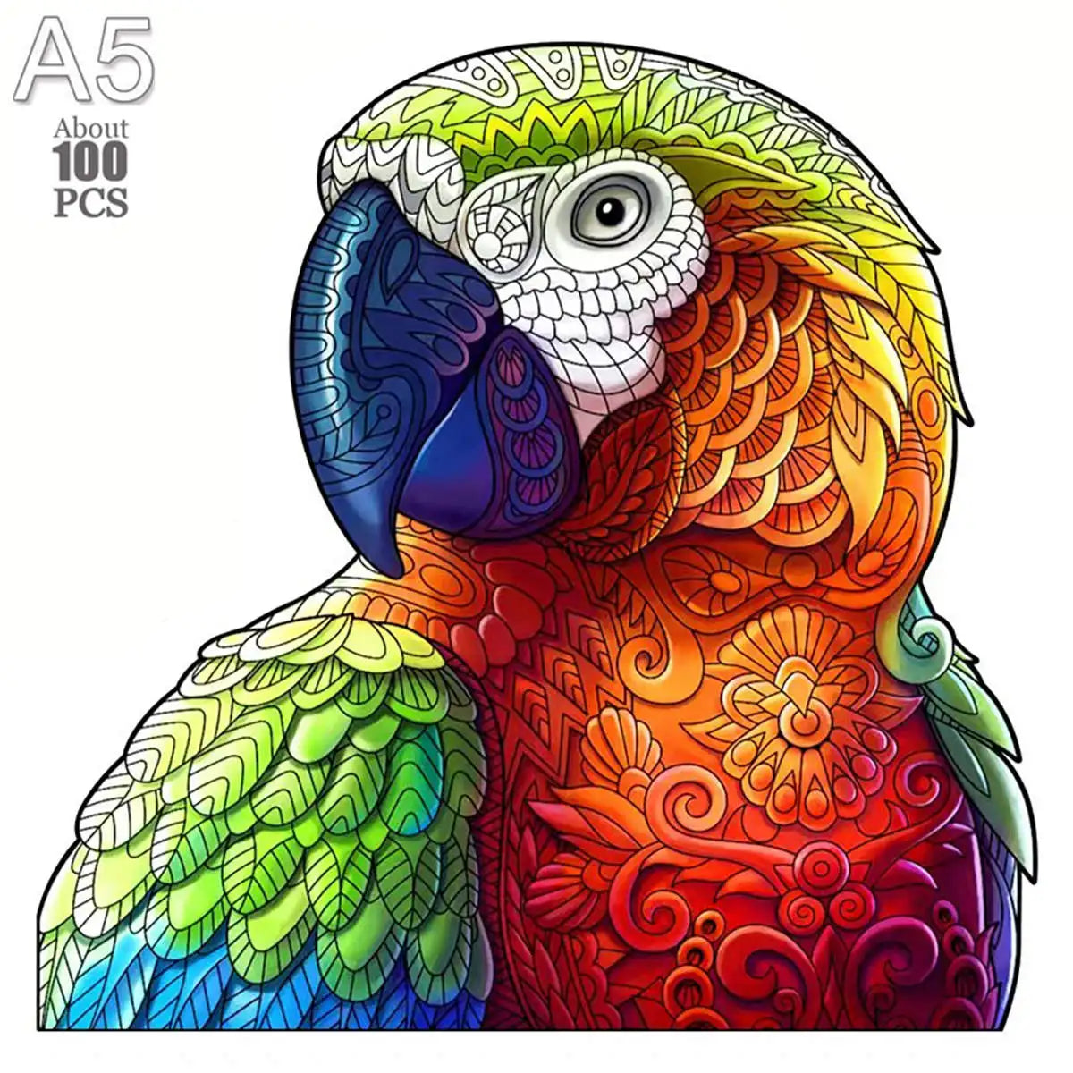 A colorful wooden animal puzzle set featuring a parrot or macaw with intricate feather details.