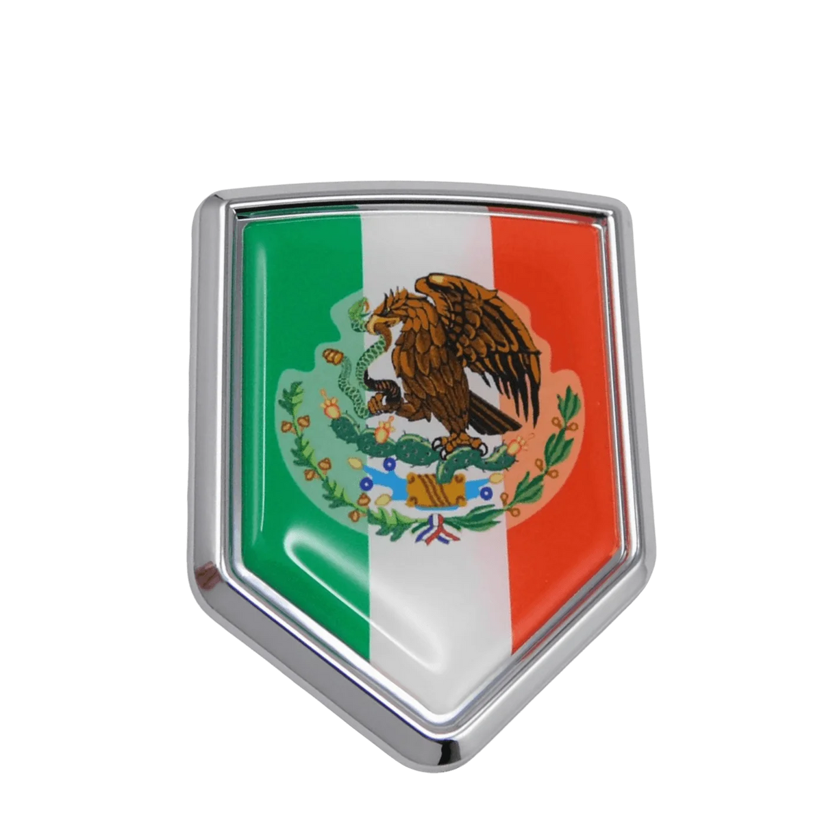 A chrome 3D emblem featuring the Mexican flag design with an eagle and laurel wreath.