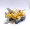 A yellow die-cast dinosaur truck toy with a removable dino figure.